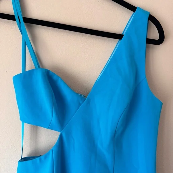 BCBGMaxAzria One Shoulder Cutout Dress NWT Blue Asymmetrical Midi Cocktail Dress - Picture 4 of 12